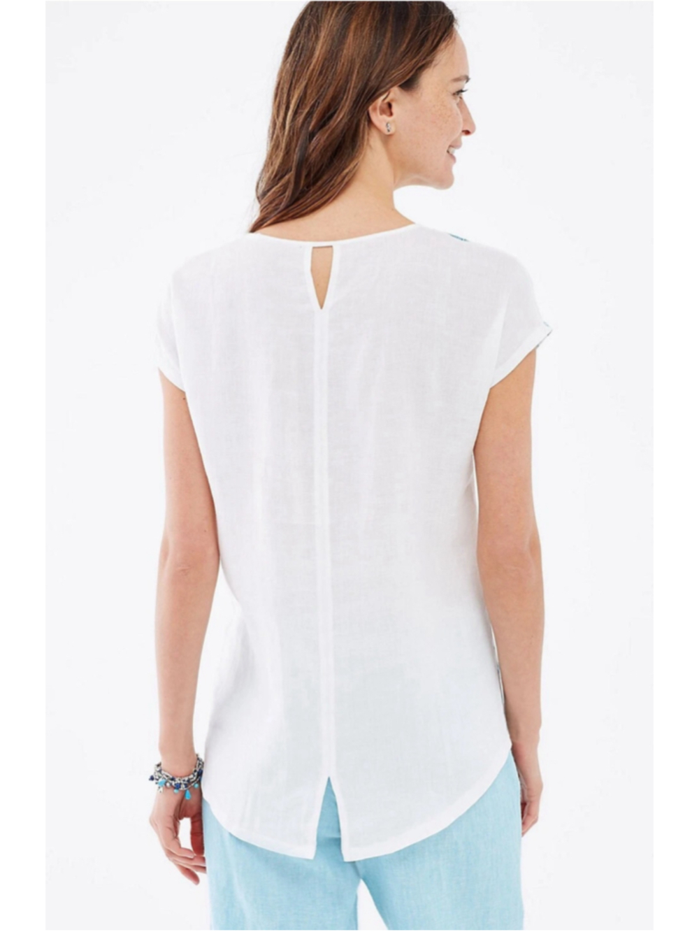 Women's J.Jill Linen Short Sleeve Tee, Size M, White and Blue Paisley - Picture 3 of 9